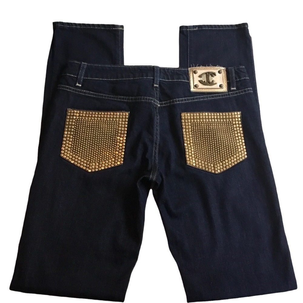 Just Cavalli Itallian Dark Denim Statement Jeans Gold Toned Studs on Pockets